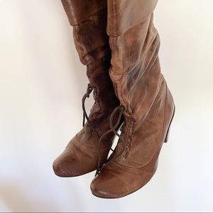 Brown leather marble style lace up heel boots